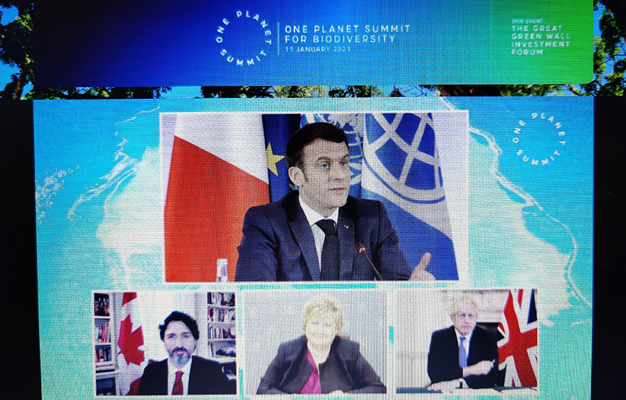 Emmanuel Macron, Justin Trudeau, Erna Solberg et Boris Johnson lors du One Planet Summit 2021 à Paris © CDC Biodiversité