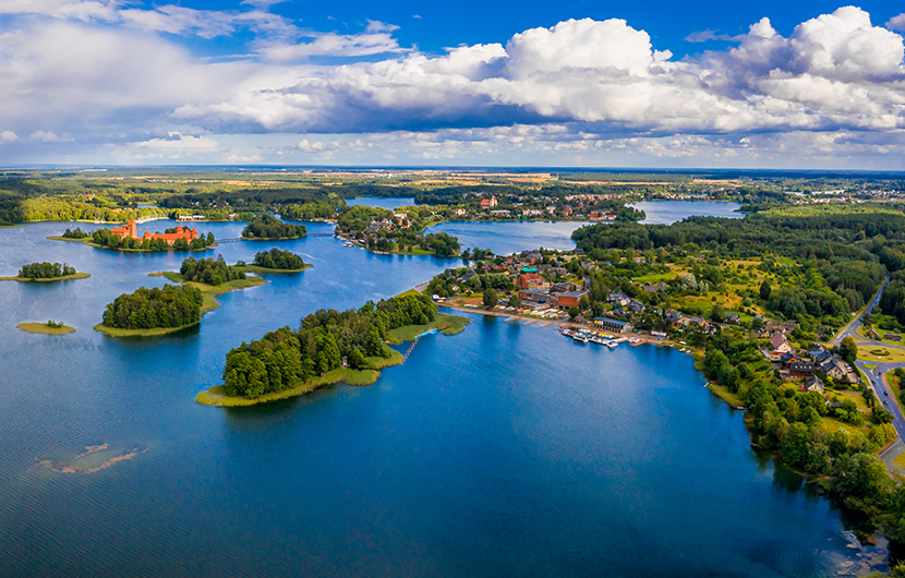 Aerial beautiful view of the historical Trakai Island Castle on the Lake Galve in Lithuania