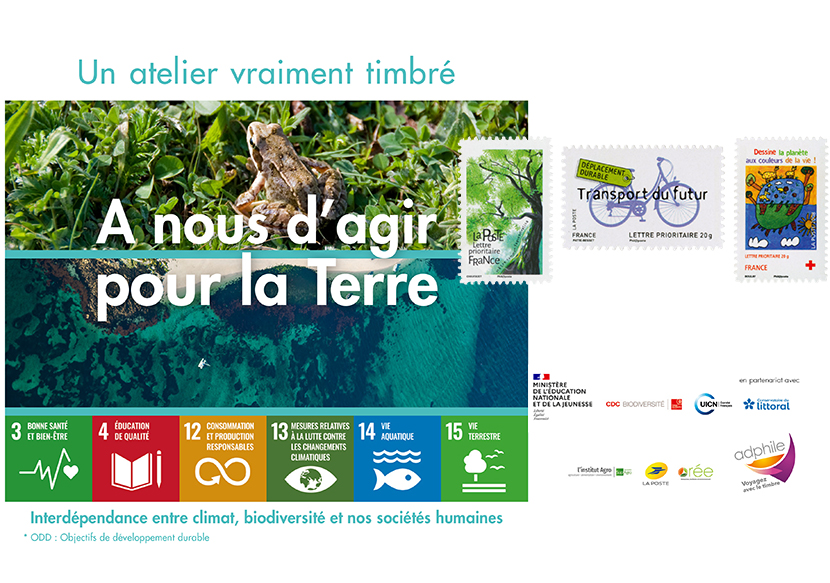 L’équipe du programme Nature 2050 a contribué à l’élaboration du kit pédagogique « À nous d’agir pour la Terre », développé par l’association de loisir philatélique Adphile à l’attention des écoles élémentaires et secondaires.