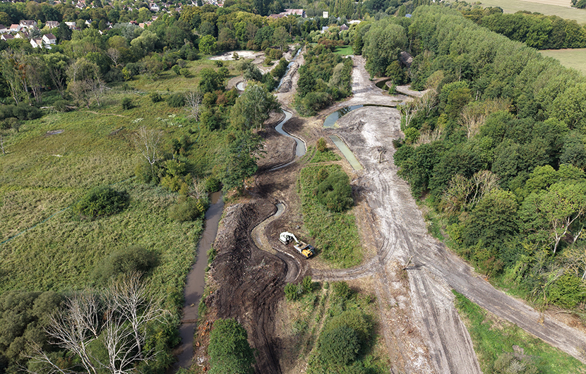 Vue aérienne_Chantier de reméandrage du Fossé du Prince, 2026 © SISN